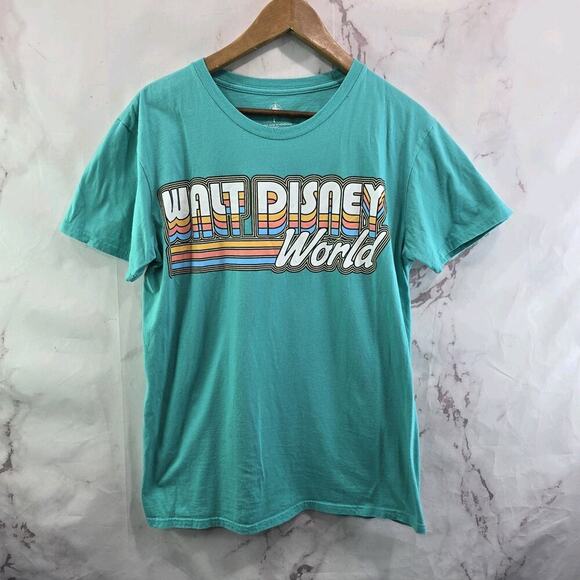 Disney T Shirt Womens Large Blue Short Sleeve Crew Walt Wood Retro Stripe Tee - Picture 1 of 8